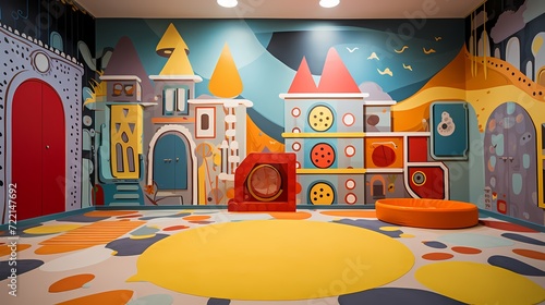 Whimsical and imaginative children's play area with walls painted in playful patterns and vibrant colors