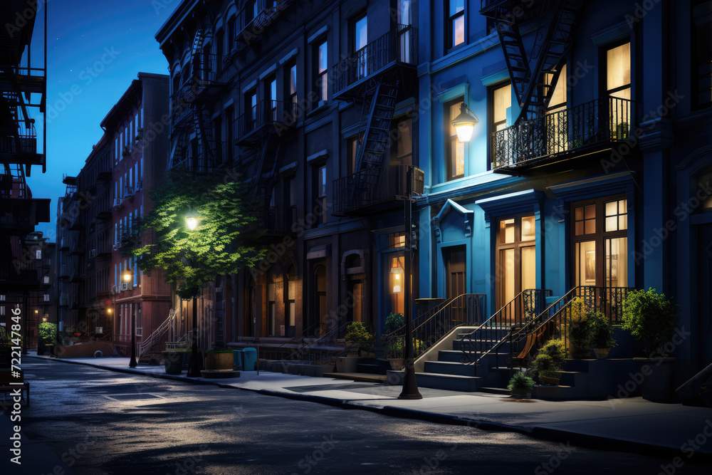 Apartment buildings at night in New York City