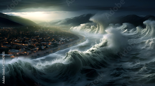 banner with a tsunami wave flooding the city © Iryna