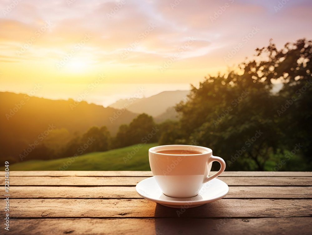 Fresh coffee cup outdoor in front of beautiful nature sunrise
