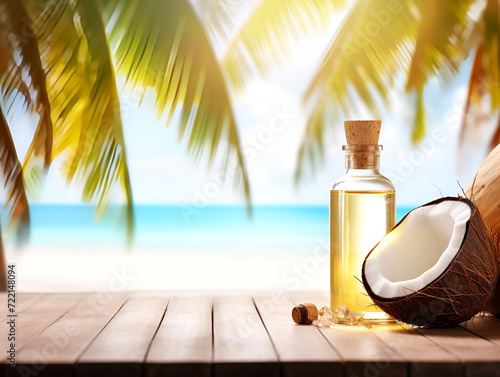 Glass bottle of oil next to coconuts on wooden table top, blurred sunny tropical beach background