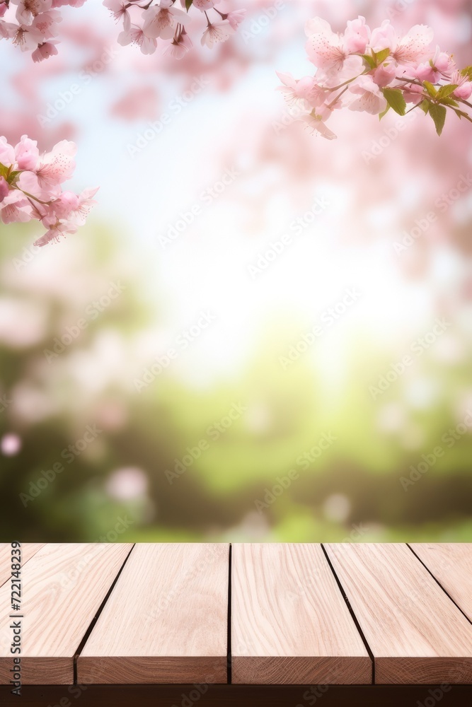 background, empty wooden surface for product presentation on a blurred spring background with fragments of cherry blossoms