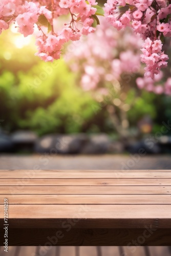 background, empty wooden surface for product presentation on a blurred spring background with fragments of cherry blossoms