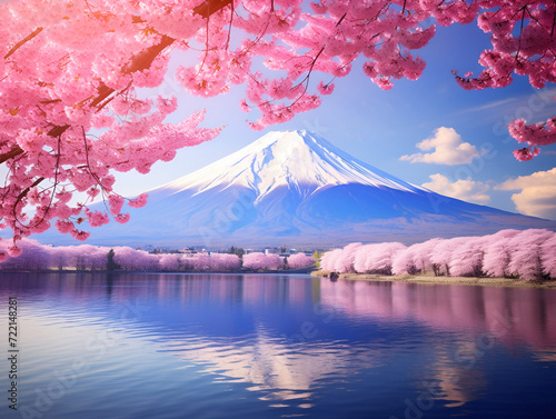 Japanese cherry blossom with mount Fuji on the background.beautiful lake and mountain view photo