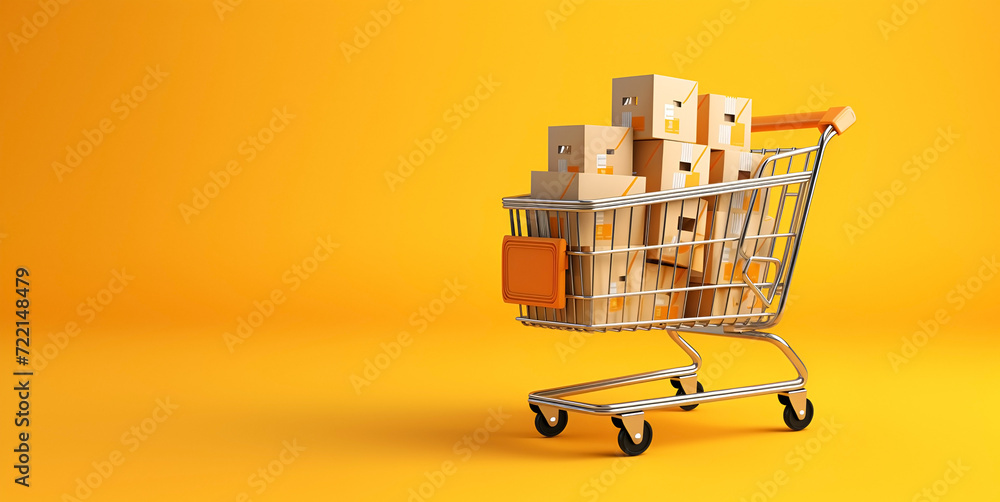 Shopping cart full of cardboard boxes on yellow background Shopping cart full of cardboard boxes on yellow background