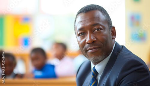 Portrait of an african american school principal in elementary school. Back to School concept