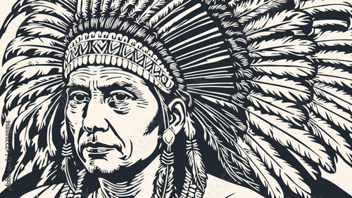 Head of an Indian chief wearing a feather headdress, Vector illustration