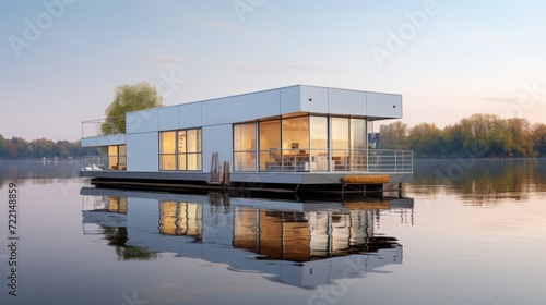 Modern house on the water. 3d render. Business concept.