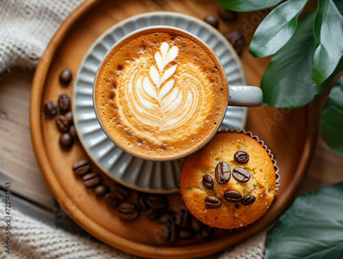 Cup of cappuccino and muffin on wooden table