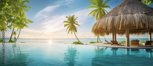 Swimming pool with palm trees at sunset. 3d rendering.