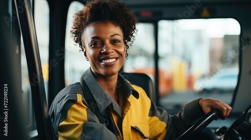 Smiling portrait of a middle age female bus driver working in the city driving buses photo