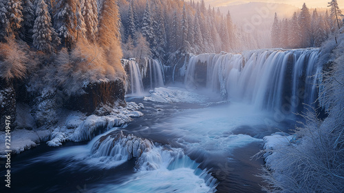 Winter Waterfall and Snow-Covered Trees at Dawn