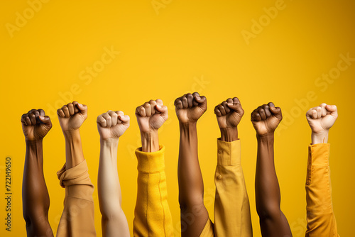a row of raised fists of diverse women of different skin colors on a yellow background in honor of the fight for women's rights and March 8th photo