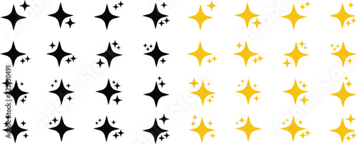 Retro futuristic sparkle icons collection. Set of star shapes. Abstract cool shine effect sign black or yellow vector design . Templates for design, posters, projects, banners, logo, business cards