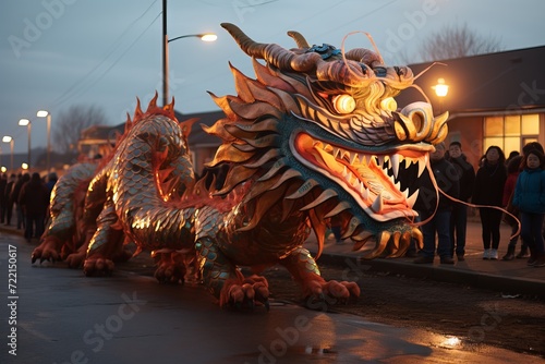 A festive chinese dragon at a chinese new year festival during the day. © Anna Baranova