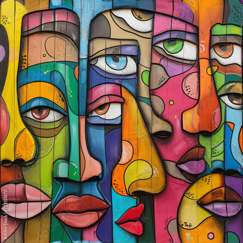 Urban Graffiti muralism digital art in vivid colors, a colorful painting shows colorful faces. Perfect for Wallpapers ,backgrounds, Wall Art, Skateboards , Cards