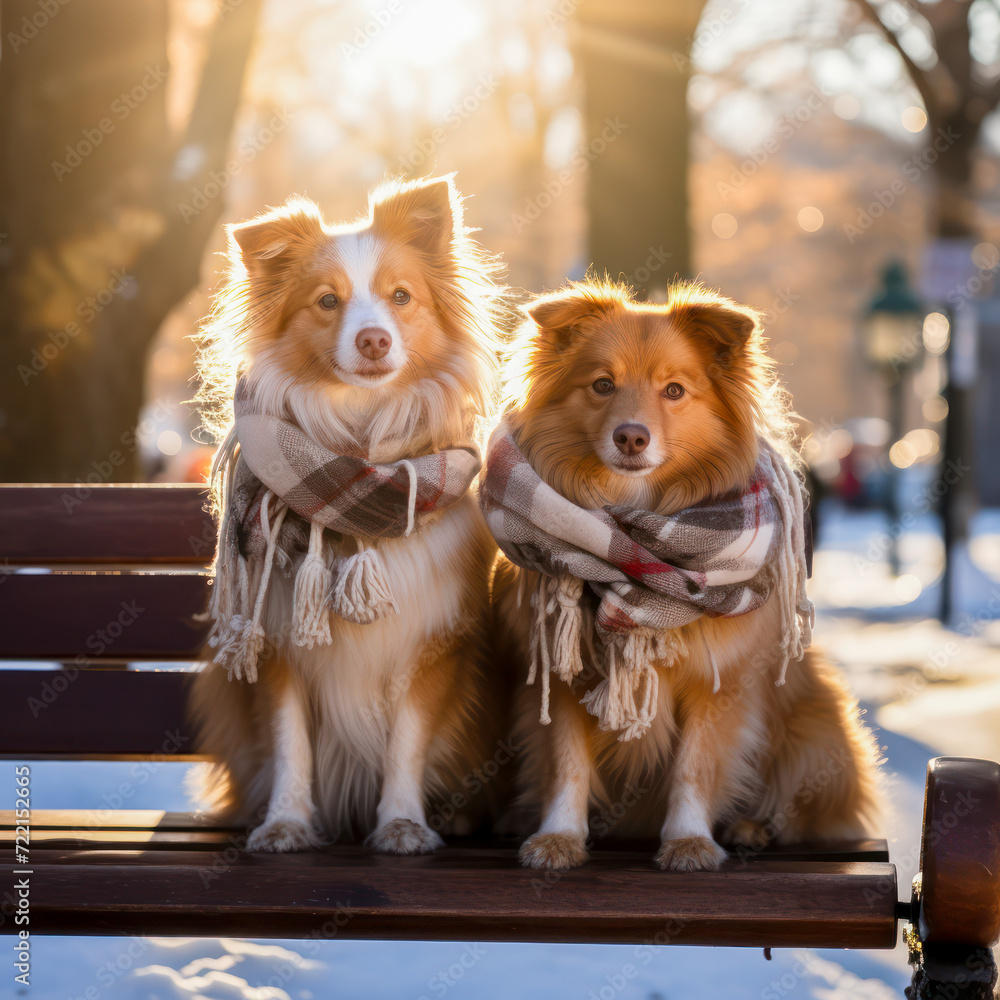 Two dog sitting on bench in park with warm scarf in winter and sunlight behind Two dog sitting on bench in park with warm scarf in winter and sunlight behind