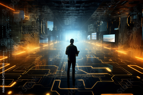 person standing in a modern technology room, concept illustration