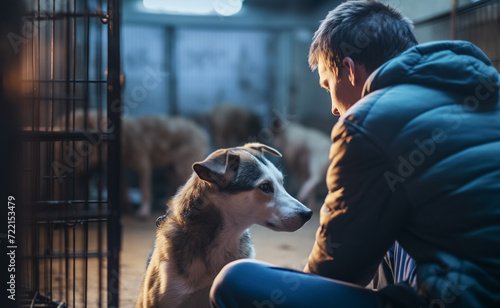 Lonely helpless homeless dog abandoned in animal shelter and new owner gazing at dog eyes. Help to pets and adoption animals, friendship and human kindness concept image.