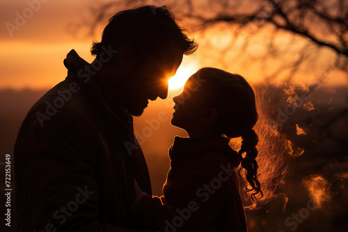 Silhouette of a little girl and dad against a sunset background. Generated by artificial intelligence