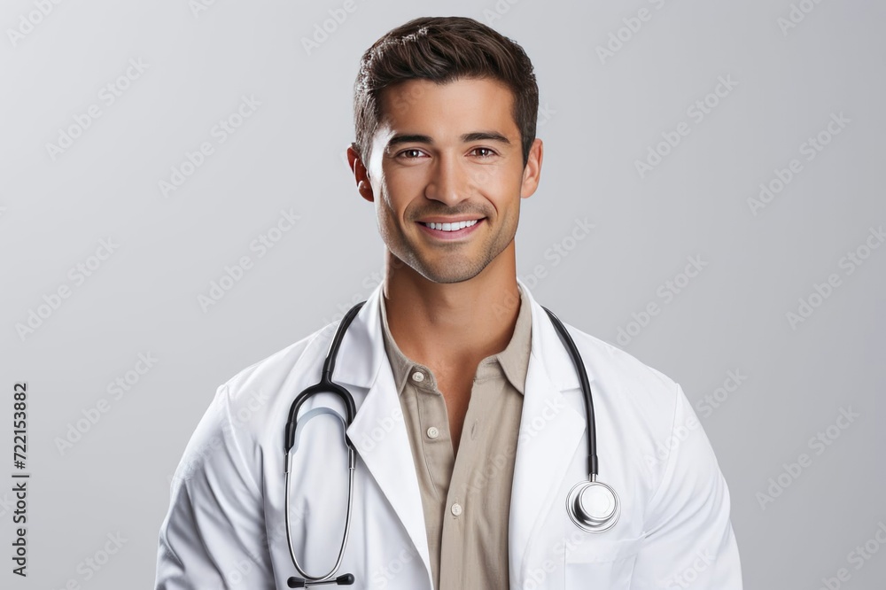 Smiling Young Male Doctor in White Coat with Stethoscope – Professional Medical Portrait, Friendly Healthcare Worker, Confident Physician on Gray Background Smiling Young Male Doctor in White Coat with Stethoscope – Professional Medical Portrait, Friendly Healthcare Worker, Confident Physician on Gray Background
