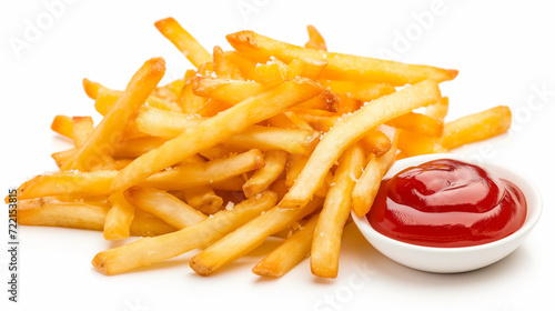Thin shoestring fries lightly drizzled with ketchup isolated on a white background
