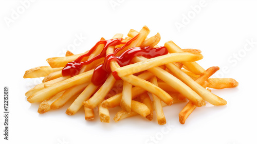 Thin shoestring fries lightly drizzled with ketchup isolated on a white background photo
