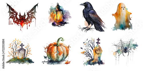 Halloween symbols watercolor clipart isolated on white background.