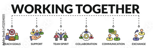 Banner of working together web vector illustration concept with icons of reach goal, support, team spirit, collaboration, communication, exchange