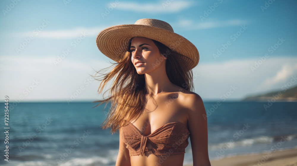 A lovely brunette woman in a swimsuit and straw hat walking by the seaside in summer morning.