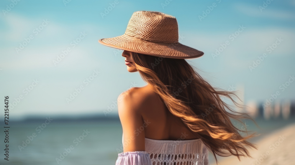 A lovely brunette woman in a swimsuit and straw hat walking by the seaside in summer morning.