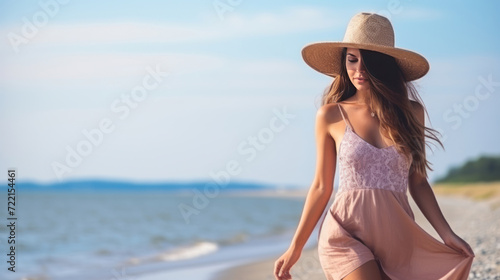 A lovely brunette woman in a swimsuit and straw hat walking by the seaside in summer morning.