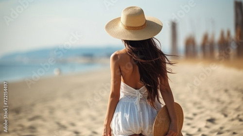 A lovely brunette woman in a swimsuit and straw hat walking by the seaside in summer morning. © Santy Hong