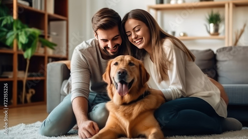 Happy Couple Play with Their Dog, Gorgeous Brown Labrador Retriever. Boyfriend and Girlfriend Tease, Pet and Scratch Super Happy Doggy, Have Fun in the Stylish Living Room.