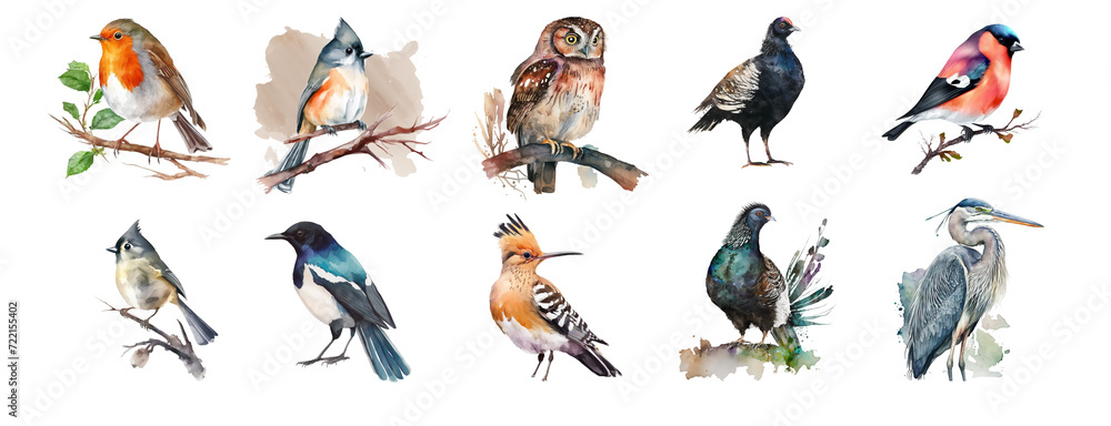 Forest birds in the wild. Watercolor clipart on a white background.