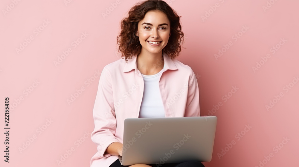 Naklejka premium Portrait of a smiling young woman sitting with legs crossed, using laptop computer isolated over pink background.