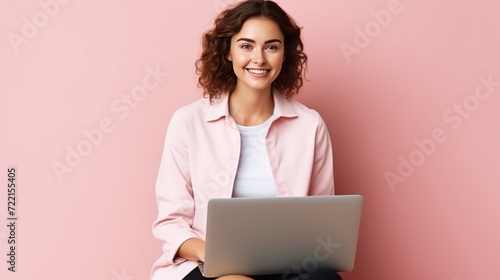 Portrait of a smiling young woman sitting with legs crossed, using laptop computer isolated over pink background. © Santy Hong