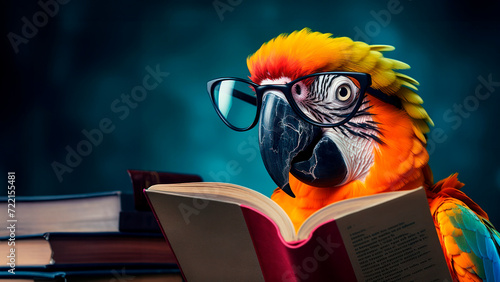 Cute smart cartoon parrot in glasses reading book or study with a place for text. Colorful education illustration for children. Back to school concept