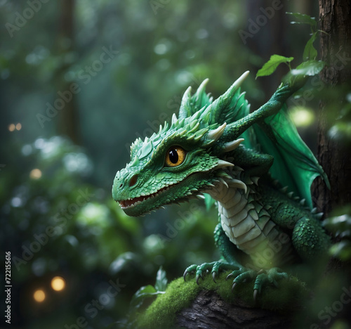 adorable dragon kid posing at wooden log.  2024 year chinise symbol. New year concept. AI generated © anakondasp