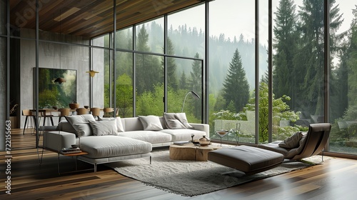 Modern living room with open to nature concept. Copy space for text.