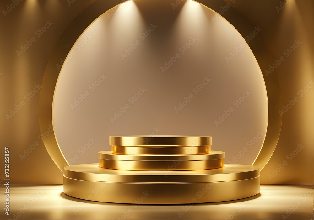 Golden podium with round stage and spotlights. 3D rendering