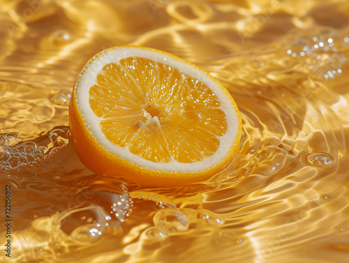 fresh orange falling into the water with splash on orange background