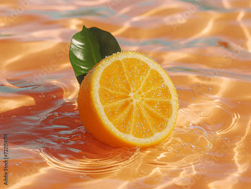 fresh orange falling into the water with splash on orange background