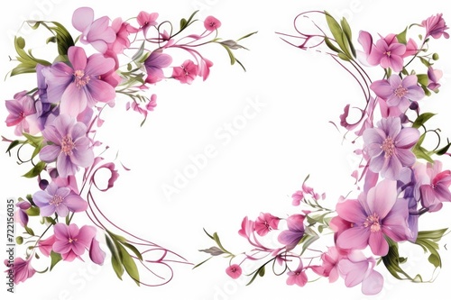 Frame with colorful flowers on white background. Greeting card design for holiday, Mother's day. Springtime composition with copy space. Flat lay, top view