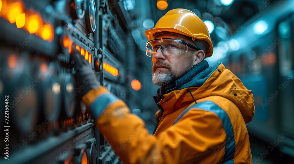 An elderly electric train engineer is inspecting the condition of the electric train. Wear a uniform, helmet. An elderly electric train engineer is inspecting the condition of the electric train. Wear a uniform, helmet.
