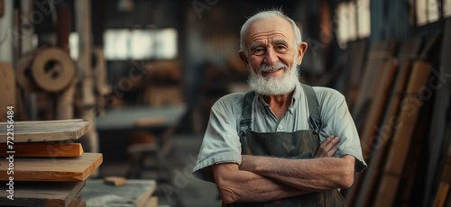 A old carpenter smiles confidently. Standing with arms crossed in a wood factory 
