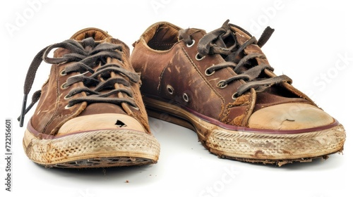 An old pair of casual shoes, white background