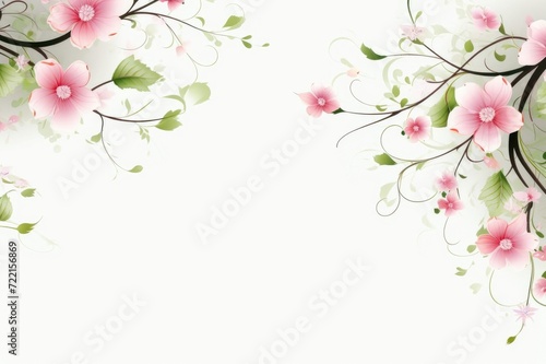 White blank greeting card on the pink background with flowers, Greeting card template for Wedding, mothers or womans day. Springtime composition with copy space.