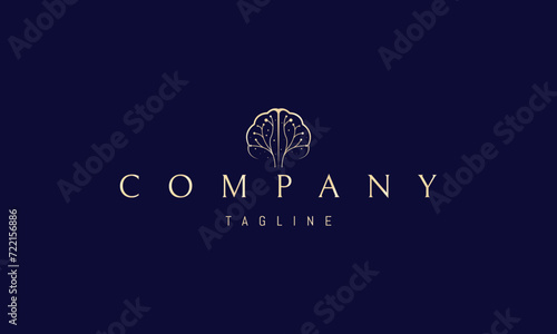 A vector golden logo with an abstract image of a brain with neurons in the form of a tree.