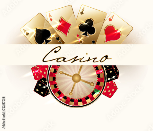 Casino invitation card with roulette and poker cards, vector illustration